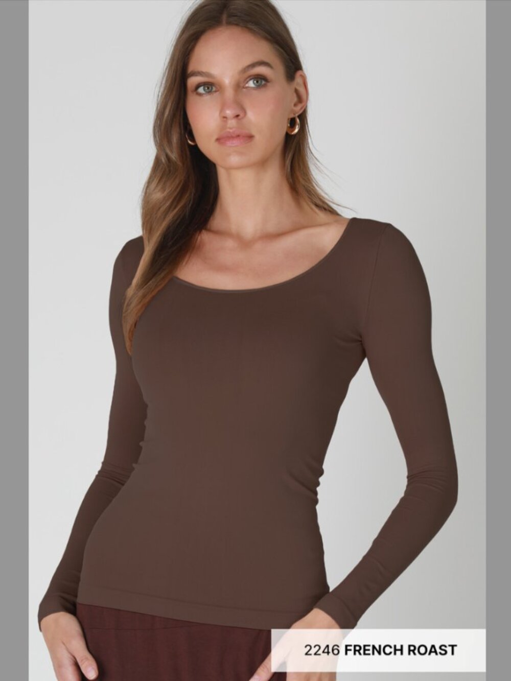 NEW French Roast Brown Scoop Neck Ultra Soft and Stretchy Long Sleeve Top